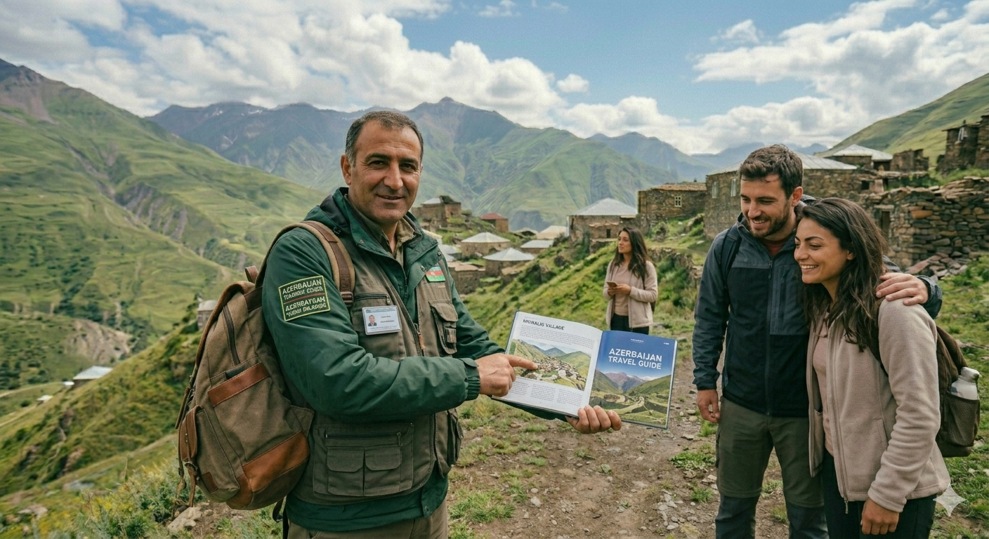 Travelers exploring a mountain village in Azerbaijan
