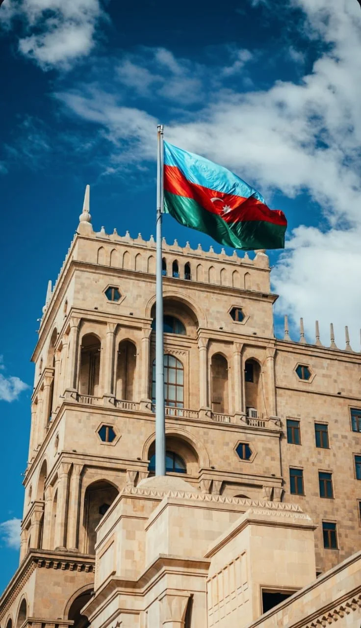 Azerbaijan architecture and flag